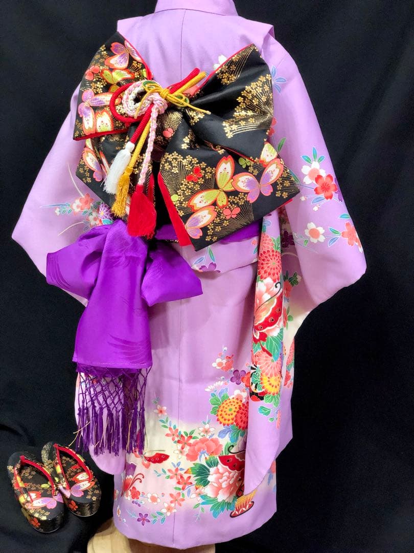 七五三　7歳　女の子　藤色　薄紫　四つ身　着物　作り帯　セット　753 七歳