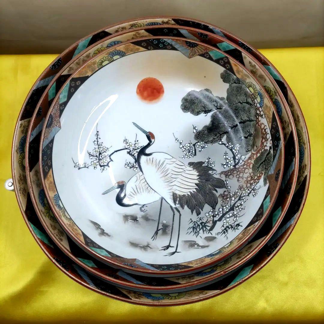 九谷焼　古九谷　金彩　色絵　三ツ鉢　小鉢　中鉢　大鉢　8寸9寸1尺鉢　3客セット