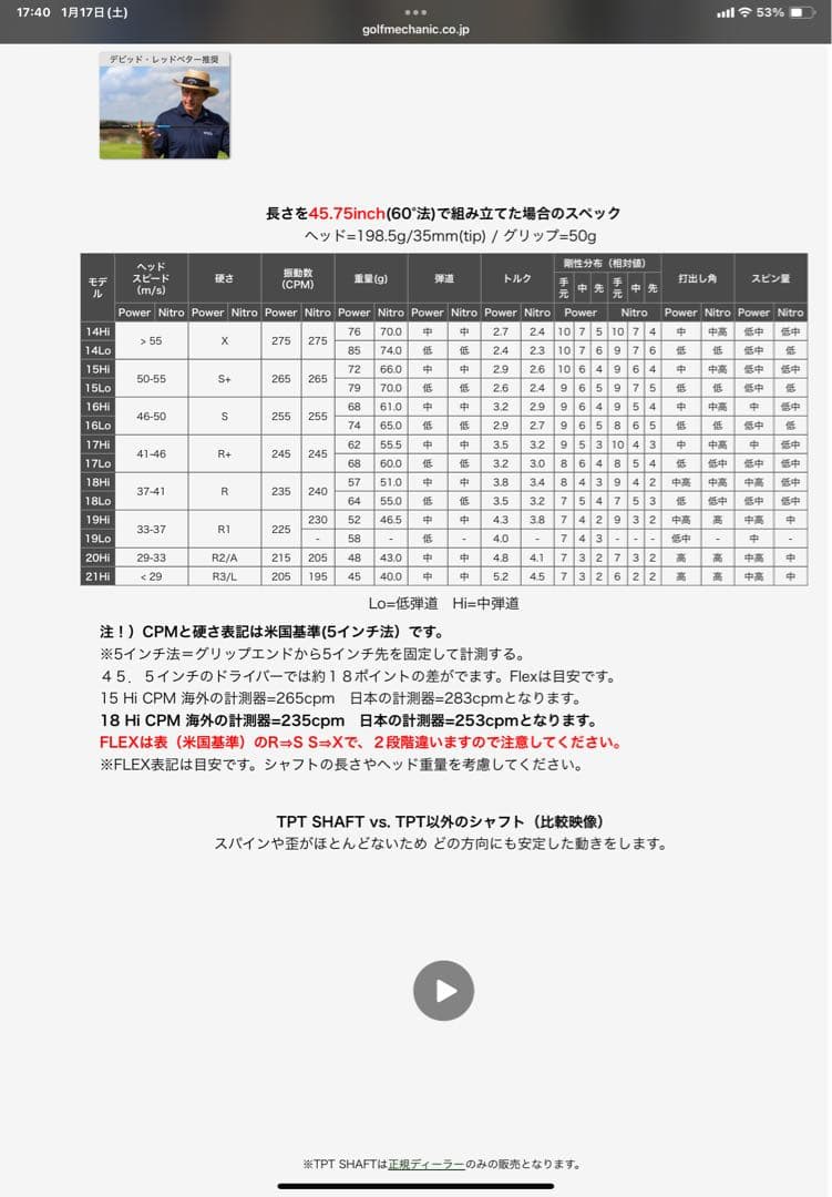 TPTシャフトパワーレンジ17 LO ドライバーシャフト　キャロウェイスリーブ付