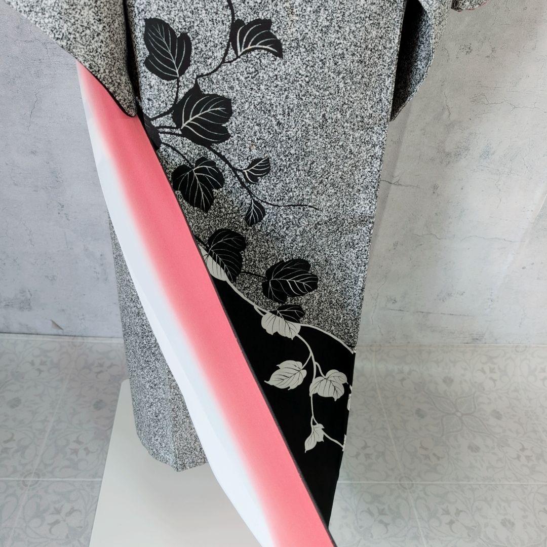 訪問着　フルセット　着物　正絹　たたき染め　白黒　モノトーン　シック　蔦　F5