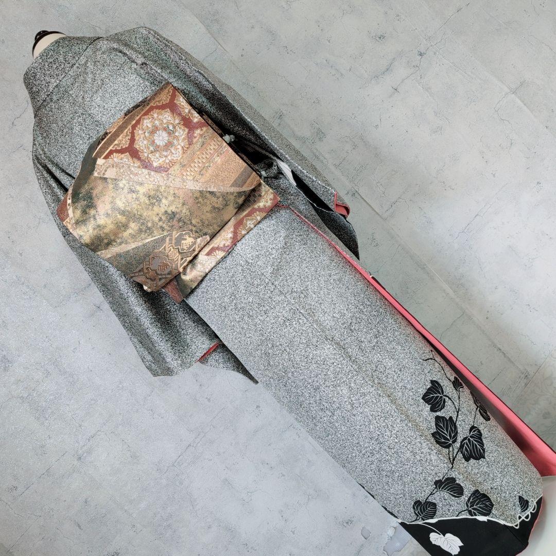 訪問着　フルセット　着物　正絹　たたき染め　白黒　モノトーン　シック　蔦　F5