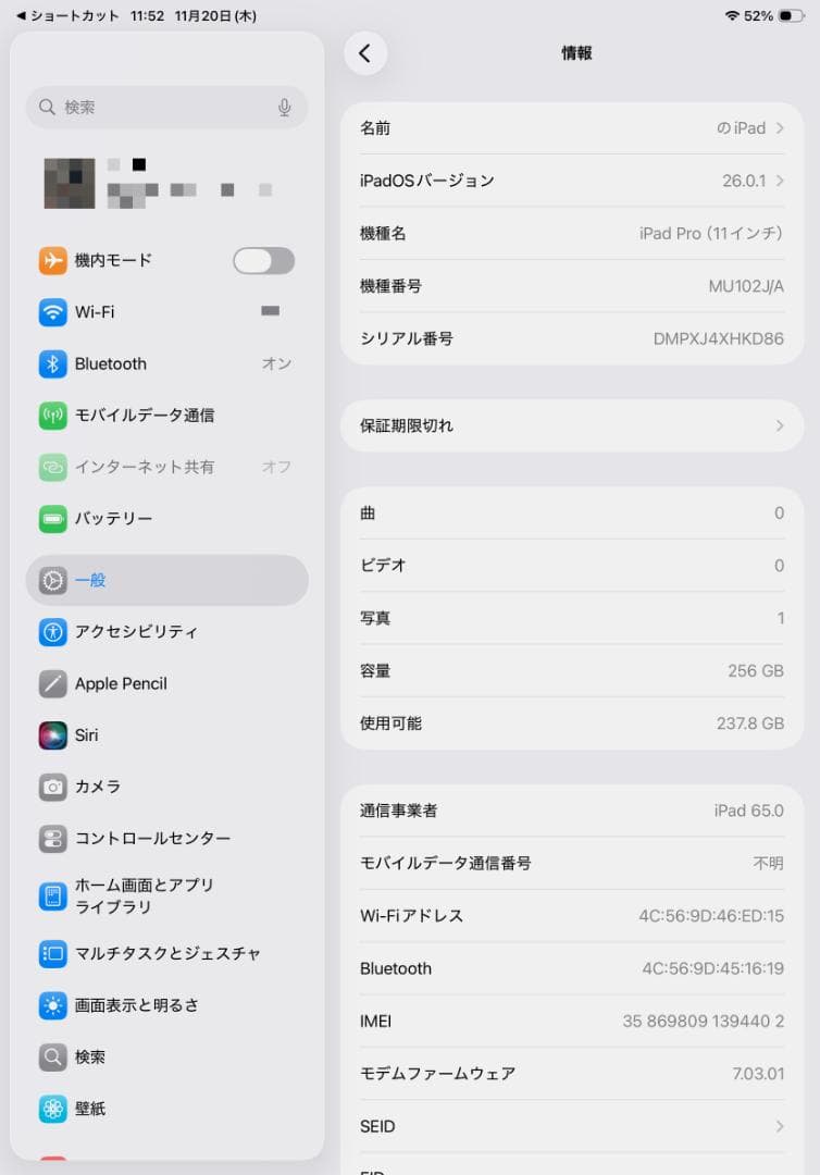 iPad Pro 11 256GB Wi-Fi+Cellular （第1世代）