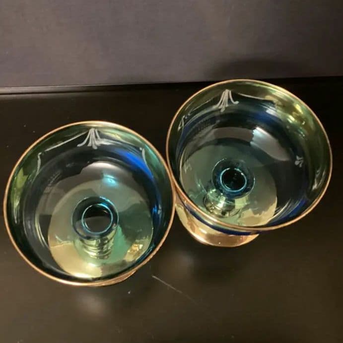 ベネチアングラス　金色とブルーのエレガントなデザインの手描き花柄グラス③④