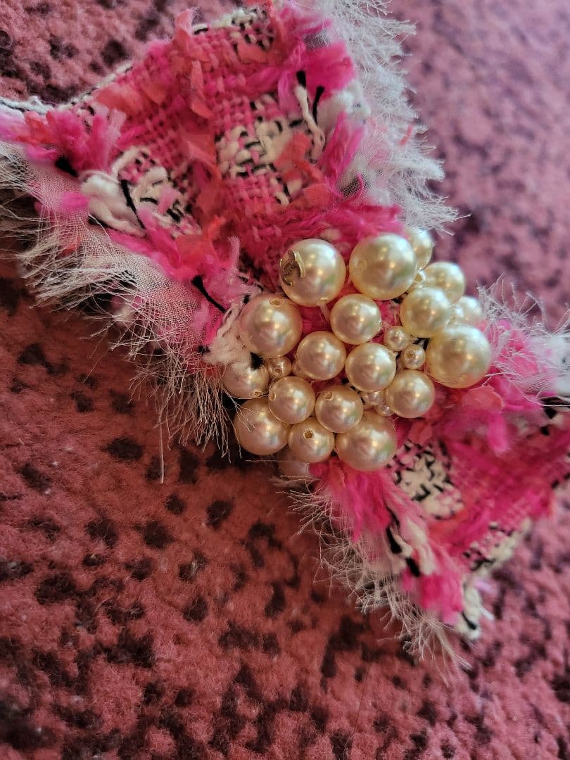 『CHANEL』シャネル　ピンク ツイード パール リボン バレッタ
