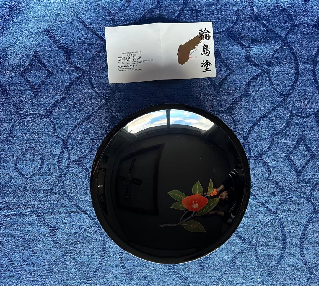 輪島塗　五島屋　菓子鉢　蒔絵　椿　布着本堅地