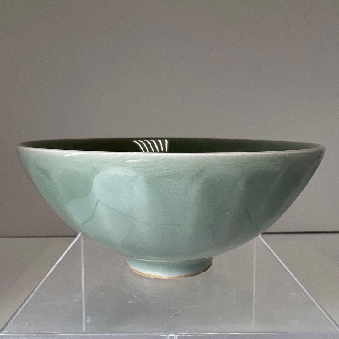 中国明時代　竜泉窯青磁茶碗　木箱　口径13.8㎝　東Y8-0205☆2Fタサコサ
