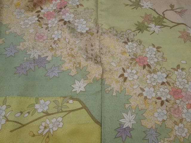 藤井寛 若草色豪華総柄桜紅葉藤 訪問着 比翼付き