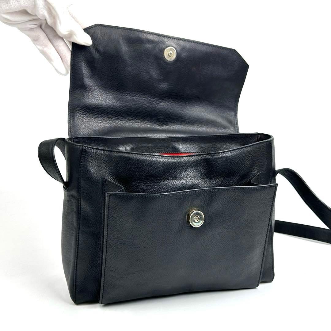 美品■セリーヌ ガンチーニ ショルダーバッグ サークルロゴ レザー ブラック系