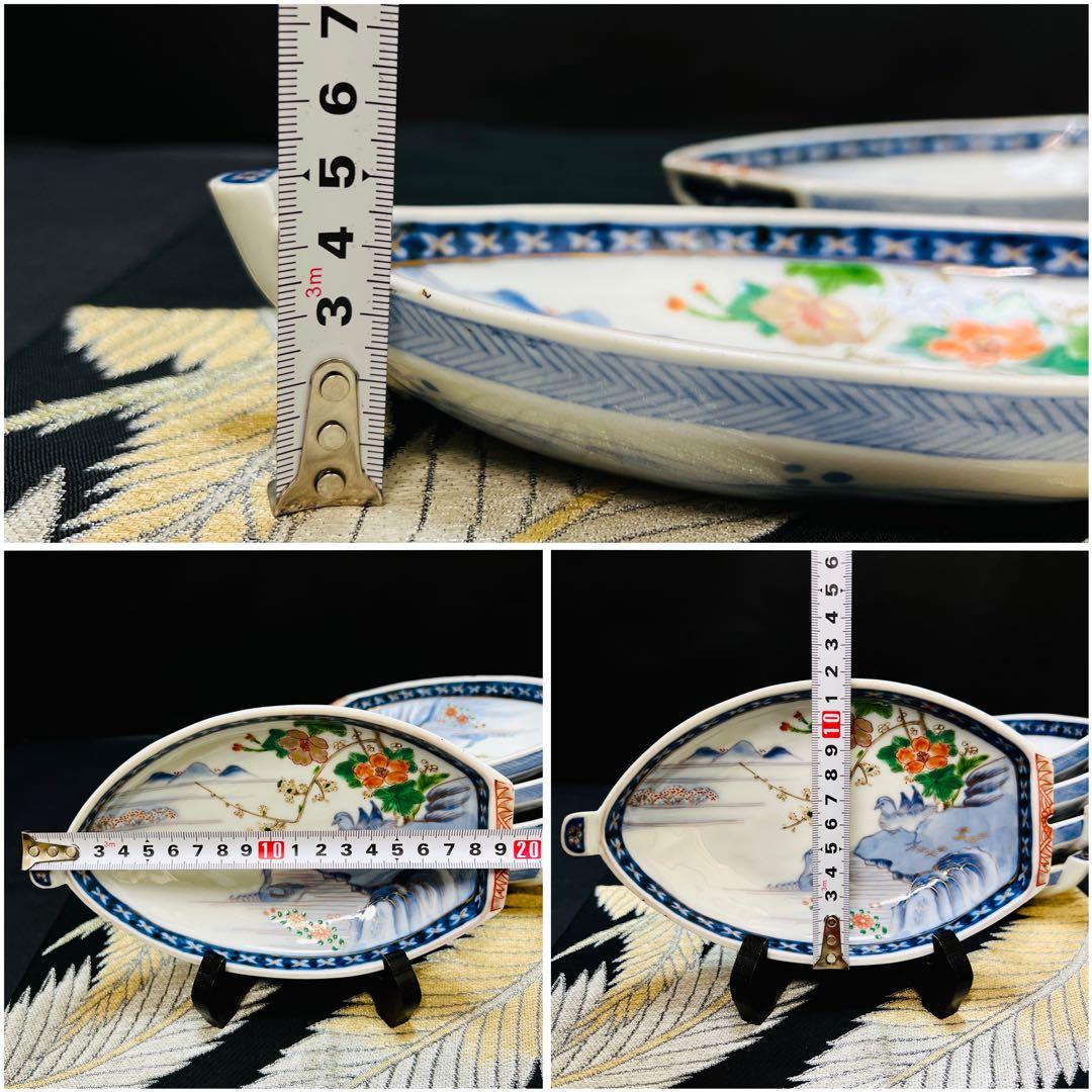 希少品　有田焼　古伊万里　染錦手　献上手川に鴛鴦花絵皿　宝舟型皿　5枚　明治江戸