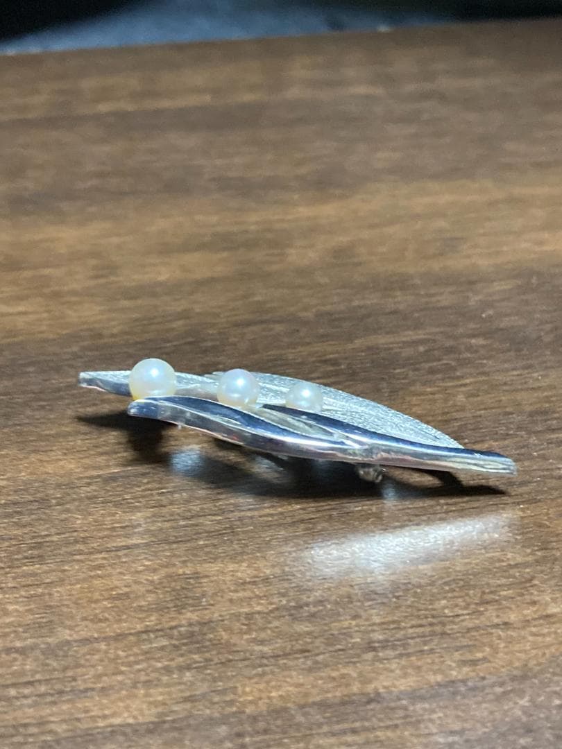 MIKIMOTO ミキモト パール 真珠 3粒 3珠 リーフ ブローチ シルバー