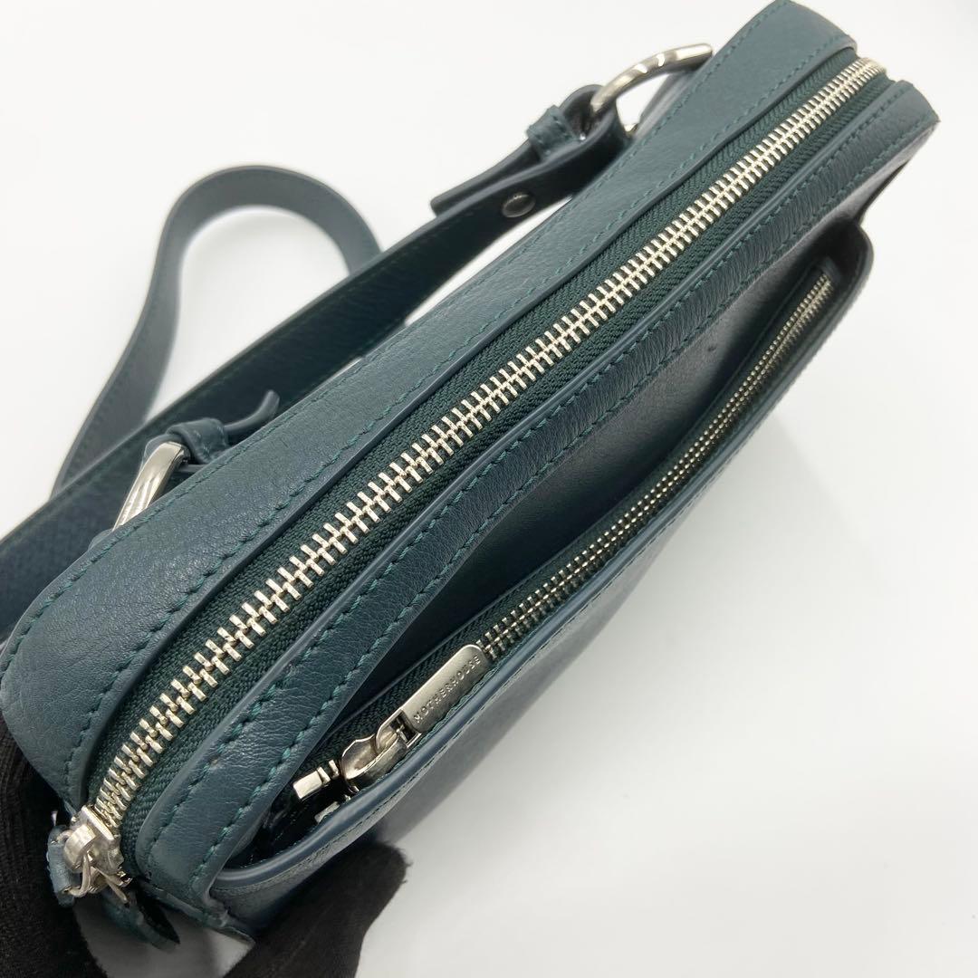 極美品　マザーハウス　リニア　ショルダーバッグ　レザー　グリーニッシュブルー