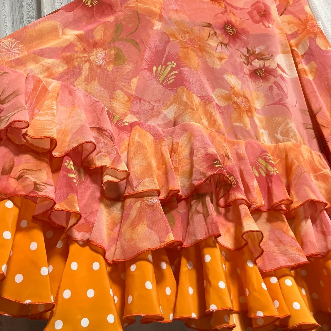 フラメンコ衣装　花柄　ファルダ　オレンジ　3段フリル　オーダーメイド