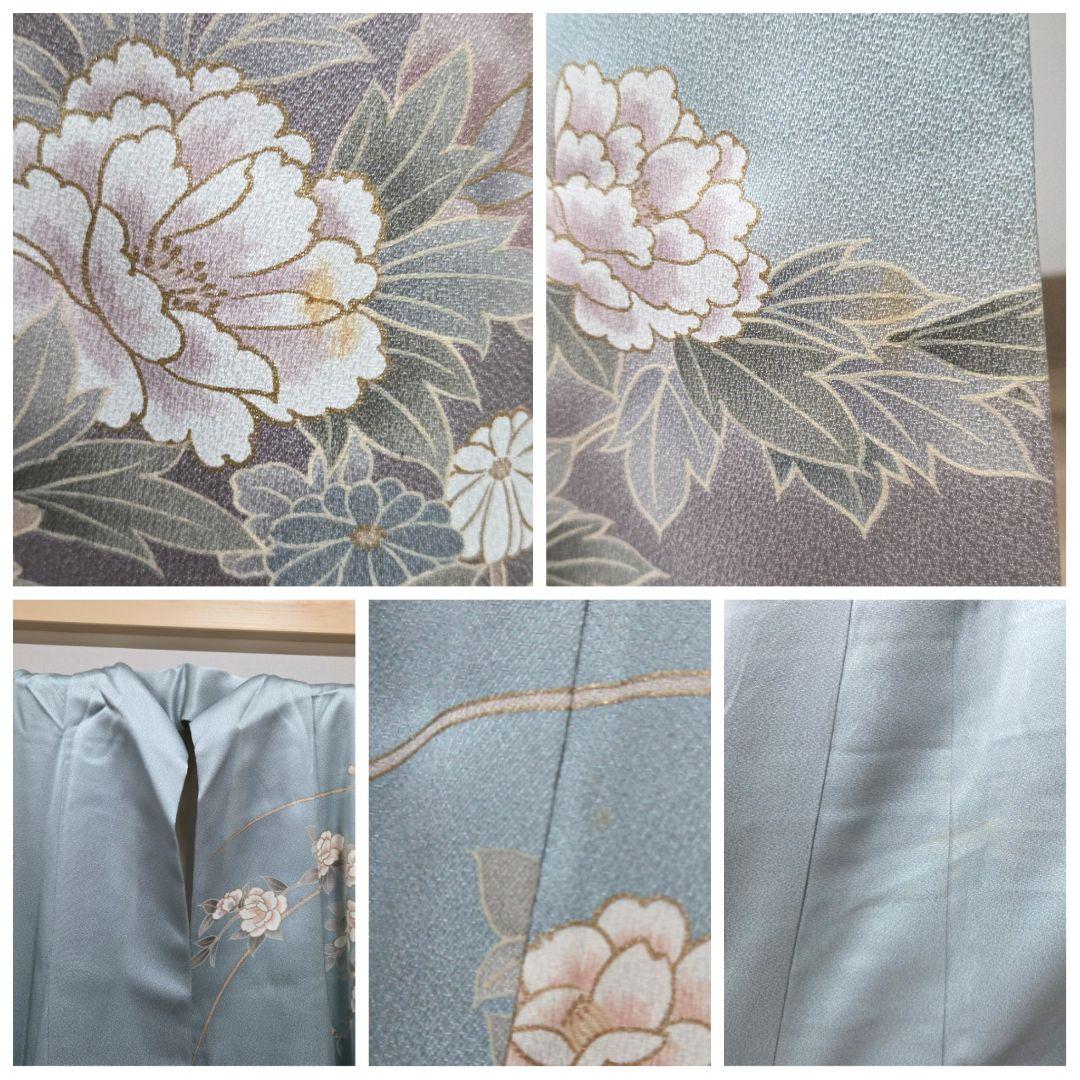 C◆着物くつろぎ 京友禅 金彩 金駒刺繍 水色 椿 牡丹 袷 正絹 訪問着 着物