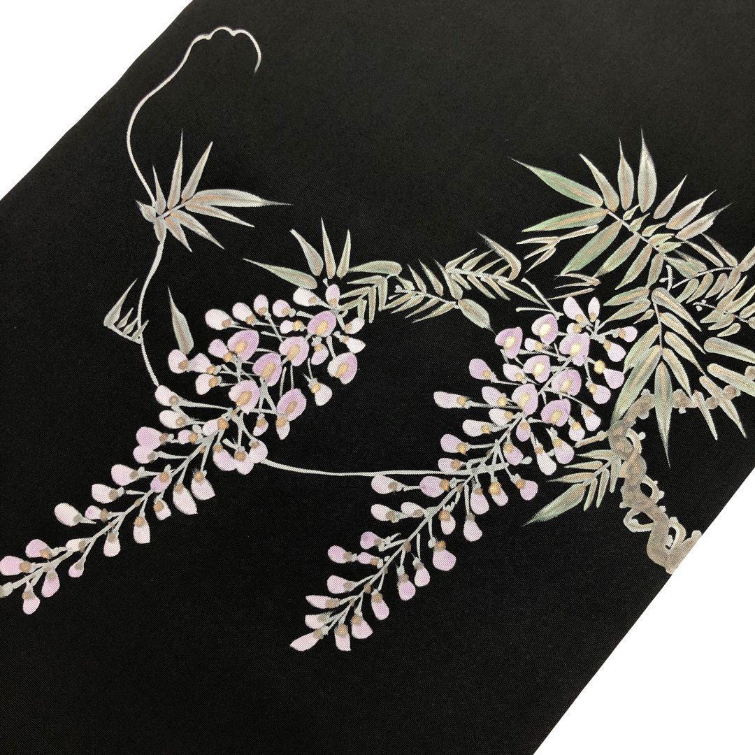 名古屋帯 作家物 塩瀬 藤の花模様 黒色 O-5986