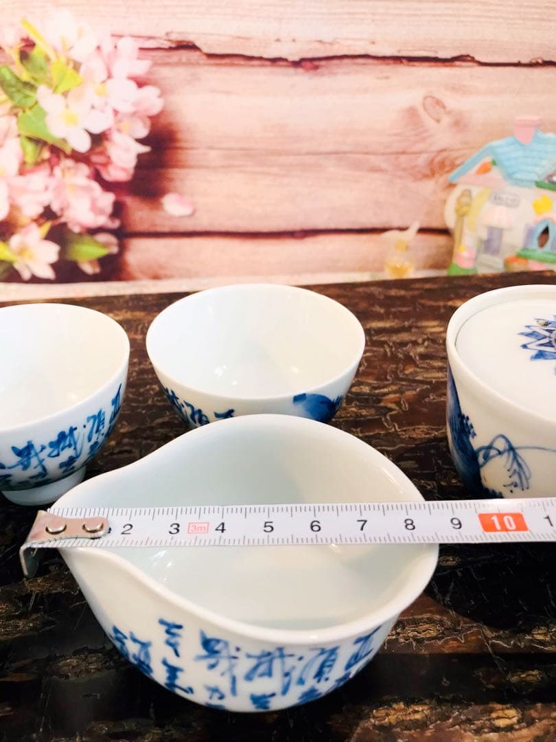 京焼染付寶瓶/ 湯冷/茶碗6点揃い　田能村直入 / 画 | 明治-19世紀頃