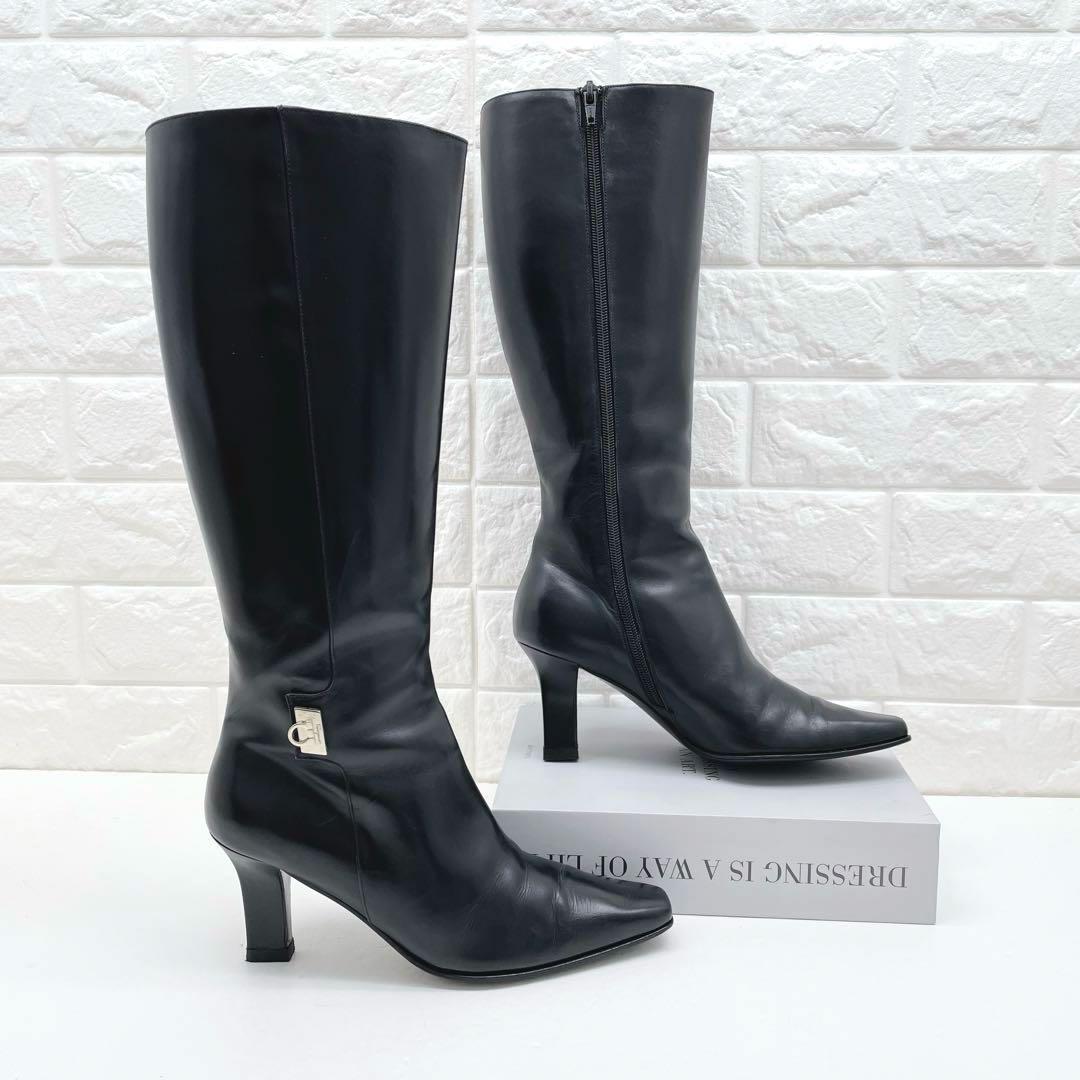 サルヴァトーレ フェラガ ロングブーツ ガンチーニ レザー ブラック23.5cm