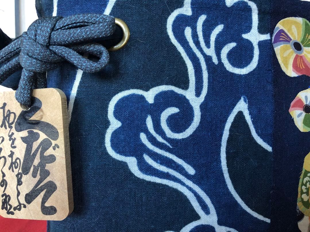 一閑張り　一閑張りバック　　　　藍染 筒がき　正絹古布　犬張子　狛犬