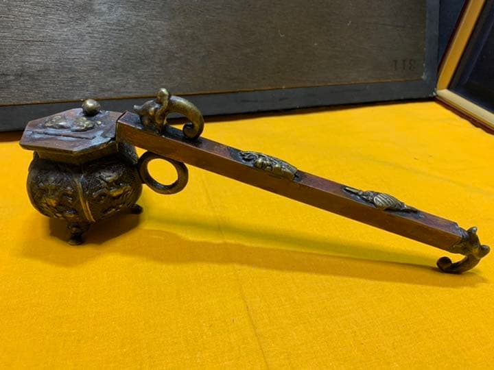 書道具　矢立やたて　蓋つき 古道具　文房具 美術品筆記用具お宝骨董　細密彫刻金工