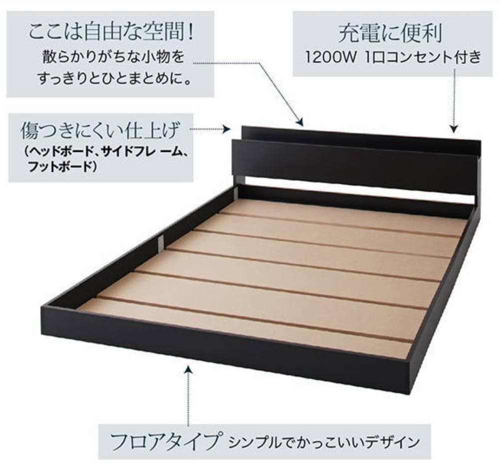 シングルサイズ・棚コンセント付きフロアベッド・ダークグレー 7-12