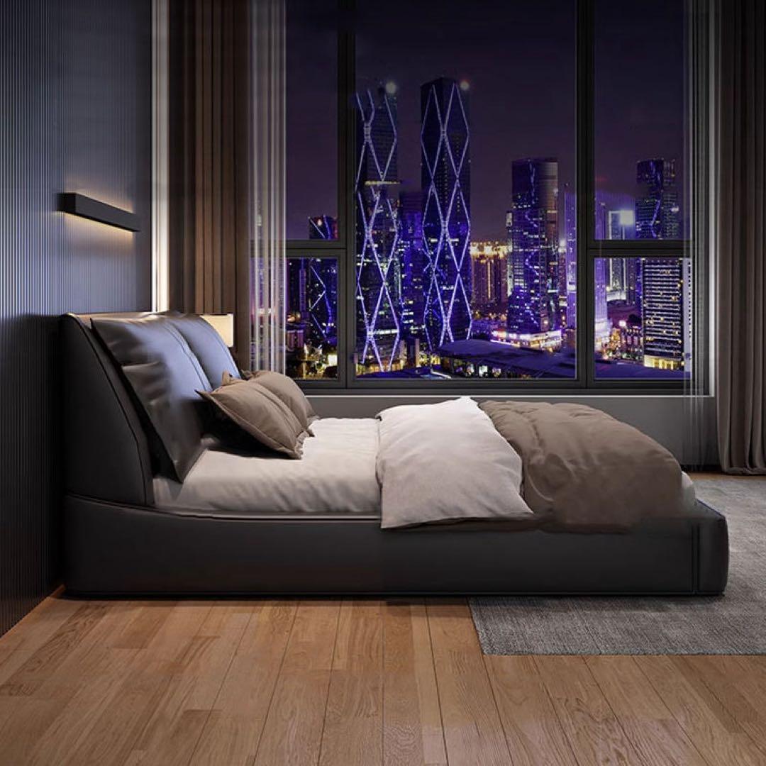 ラグジュアリー ベッド クイーンサイズ ブラックレザー デザイナーズ