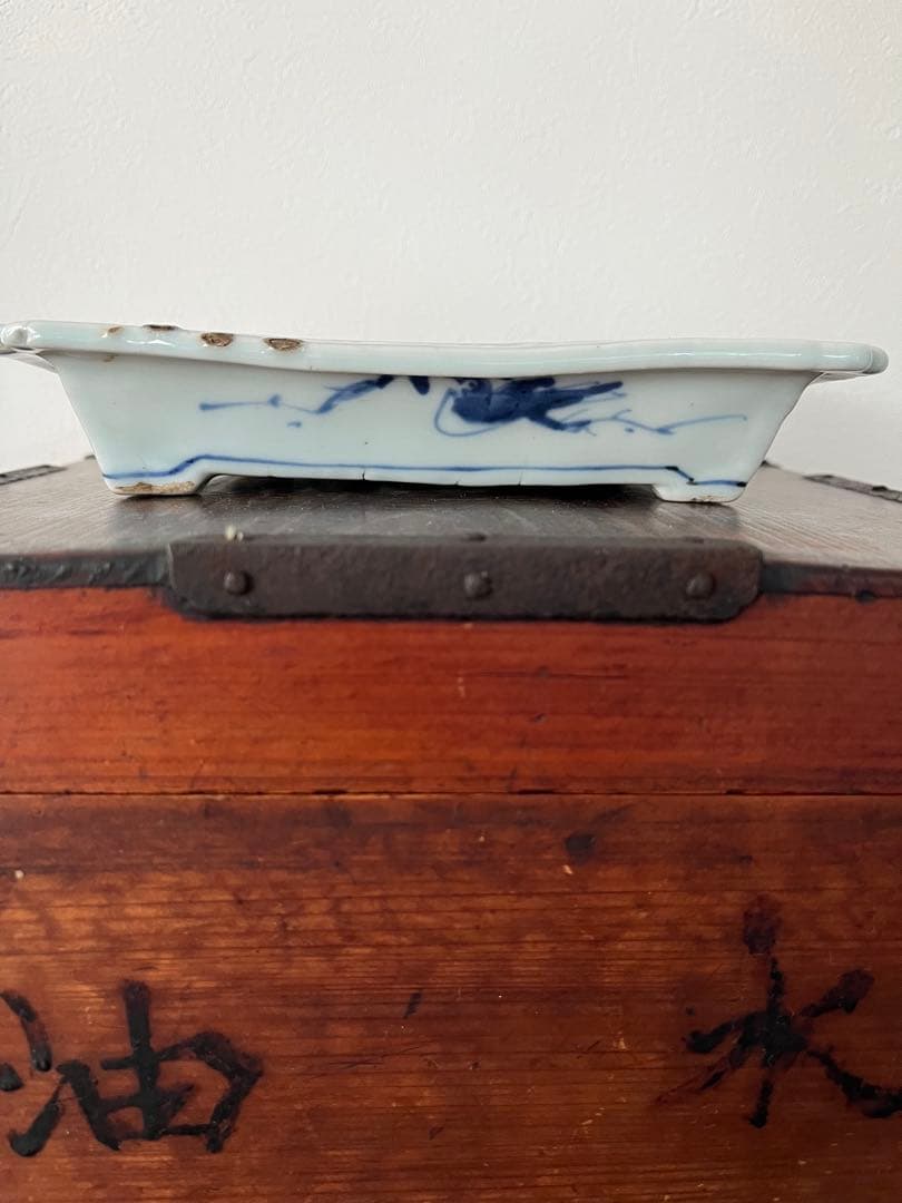 希少　中国古美術明時代　天啓古染付　牛車翁　紗綾紋　隅切角皿　古伊万里　清朝期