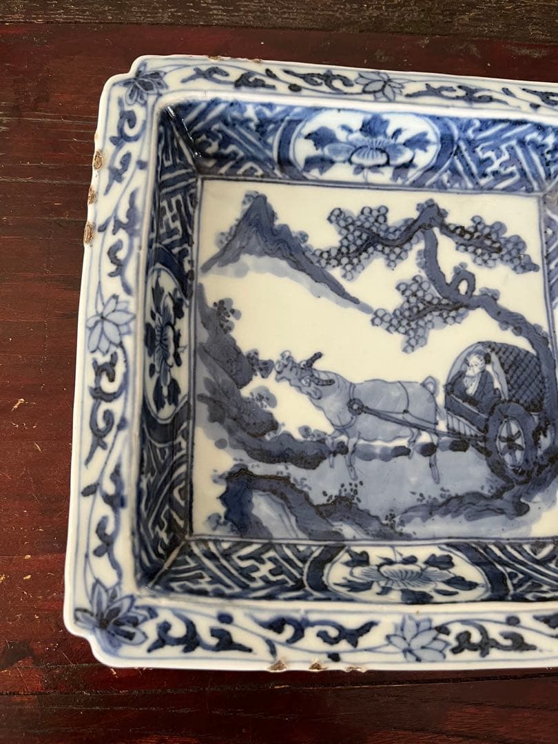 希少　中国古美術明時代　天啓古染付　牛車翁　紗綾紋　隅切角皿　古伊万里　清朝期