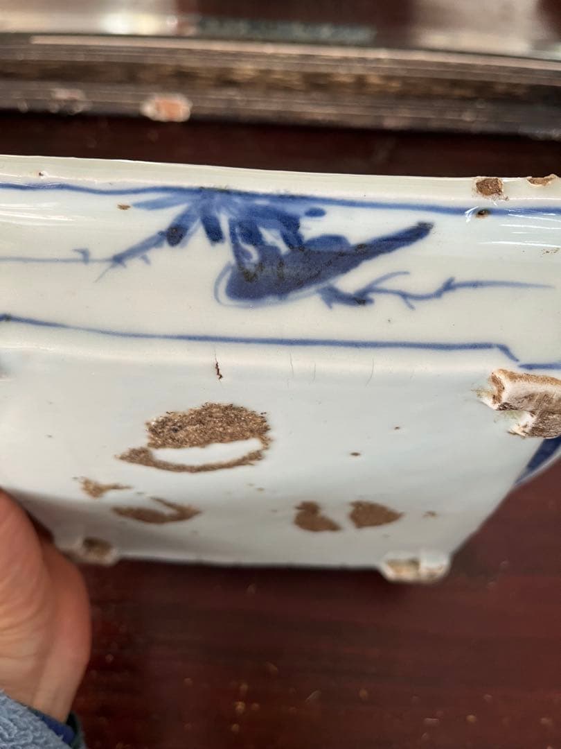 希少　中国古美術明時代　天啓古染付　牛車翁　紗綾紋　隅切角皿　古伊万里　清朝期