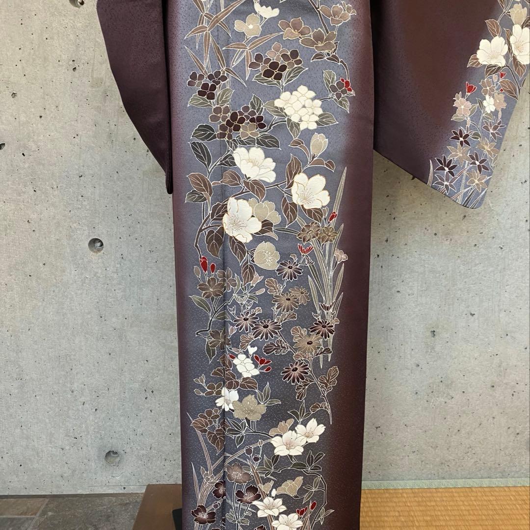 正絹　訪問着　ガード　背中に柄あり　金駒　くすみ紫系　袷