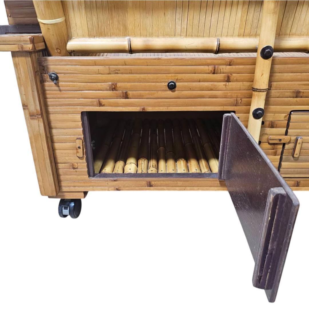 梅里竹芸 3人掛け 健康 長椅子 真竹 片肘テーブル キャスター付き バンブー