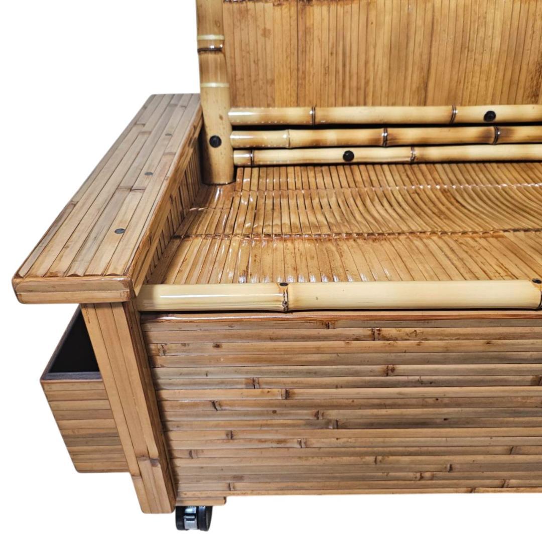 梅里竹芸 3人掛け 健康 長椅子 真竹 片肘テーブル キャスター付き バンブー