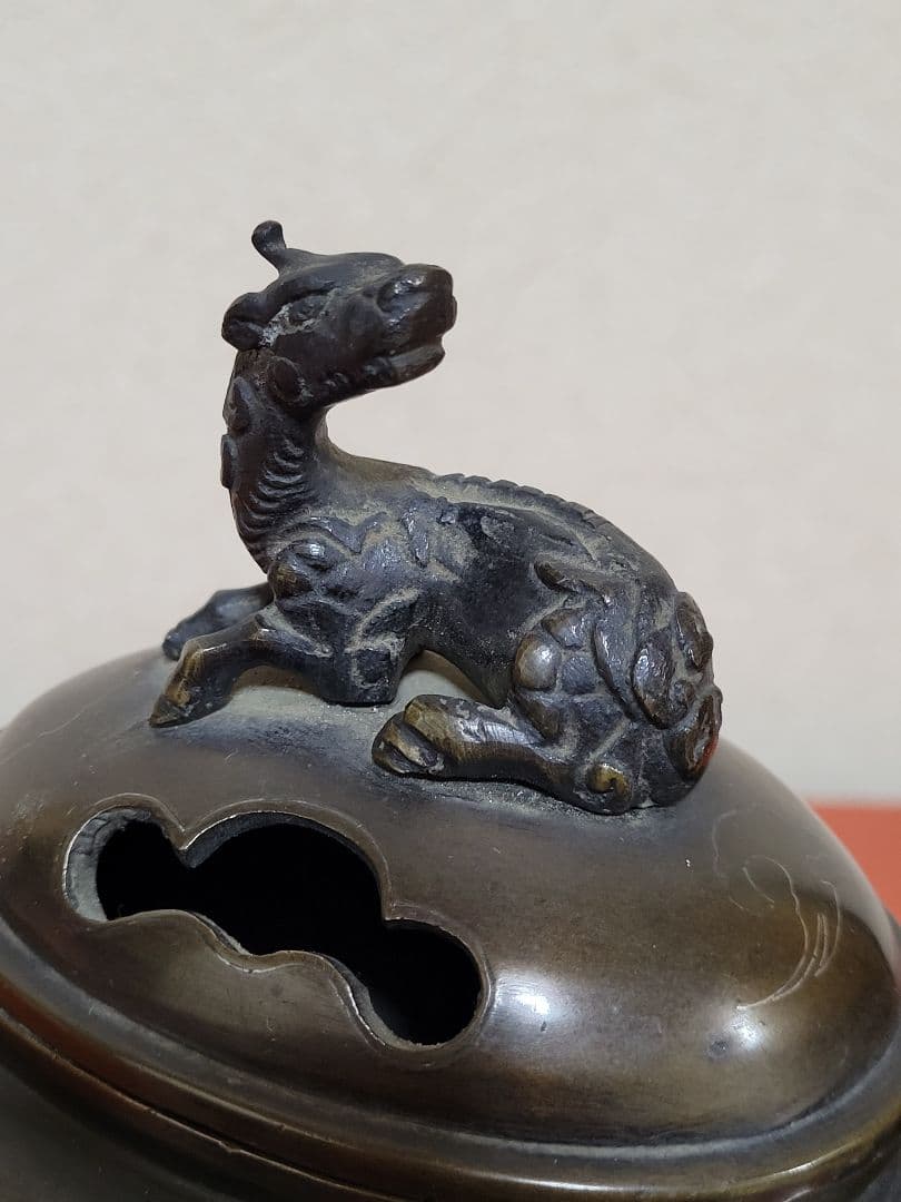 明治期 極上 宣徳銅製 麒麟摘蓋金銀象嵌鳳凰図 三足高足 香炉煎茶道具中国古玩