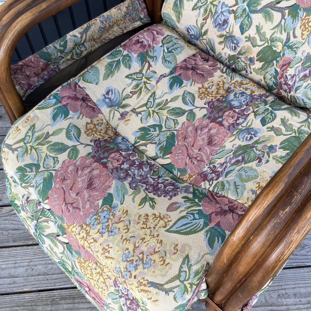 昭和レトロ 花柄ラタンアームチェア 回転式椅子 リクライニングチェア ソファー