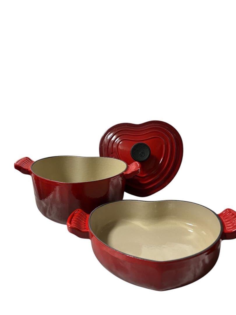 ル・クルーゼ　ココット・ダムール ハート型 鋳鉄鍋 浅深2点セット 蓋は共通