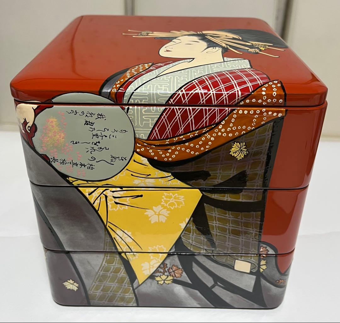 会津塗 木製三段重 朱漆 浮世絵 手書 蒔絵 うるし絵・会津絵　珍品