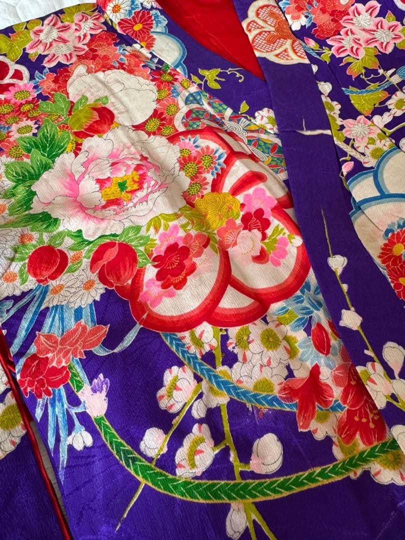 七五三に★正絹青紫色に八重梅　四季花々　五歳、七歳の着物セット