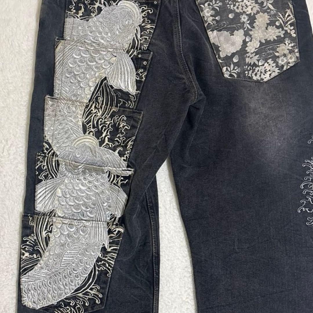 絡繰魂 Karakuri ブラックデニム W32 鯉刺繍 シルバー 5連ポケット