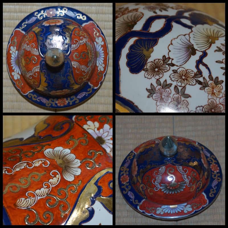 時代伊万里焼 金欄手様式手描き金彩色絵『獅子花唐草牡丹図』窓絵大型沈香壺 飾り壷