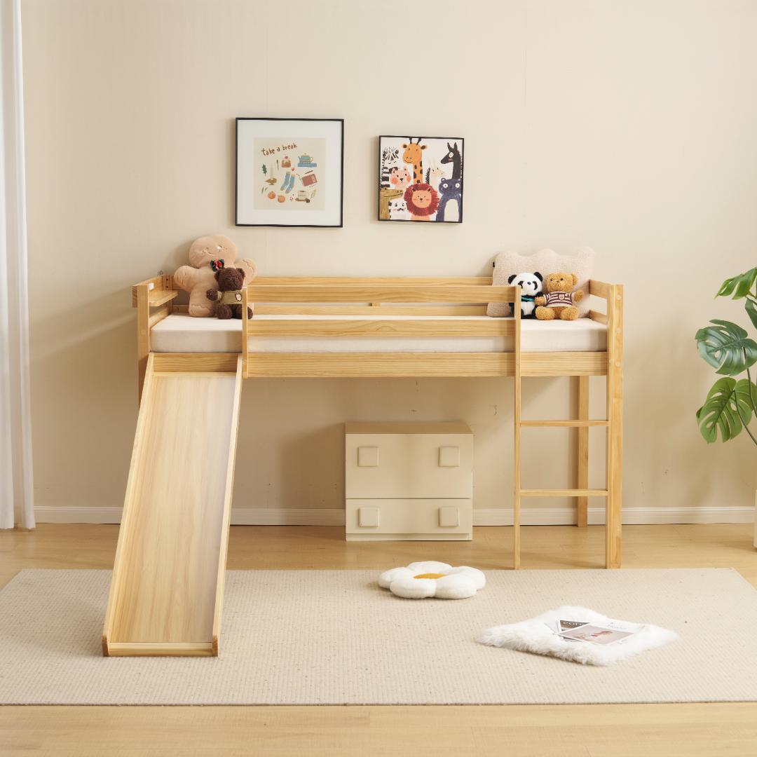 ロフトベッド 頑丈 ロータイプ 階段付き 天然木 コンセント付き Natural