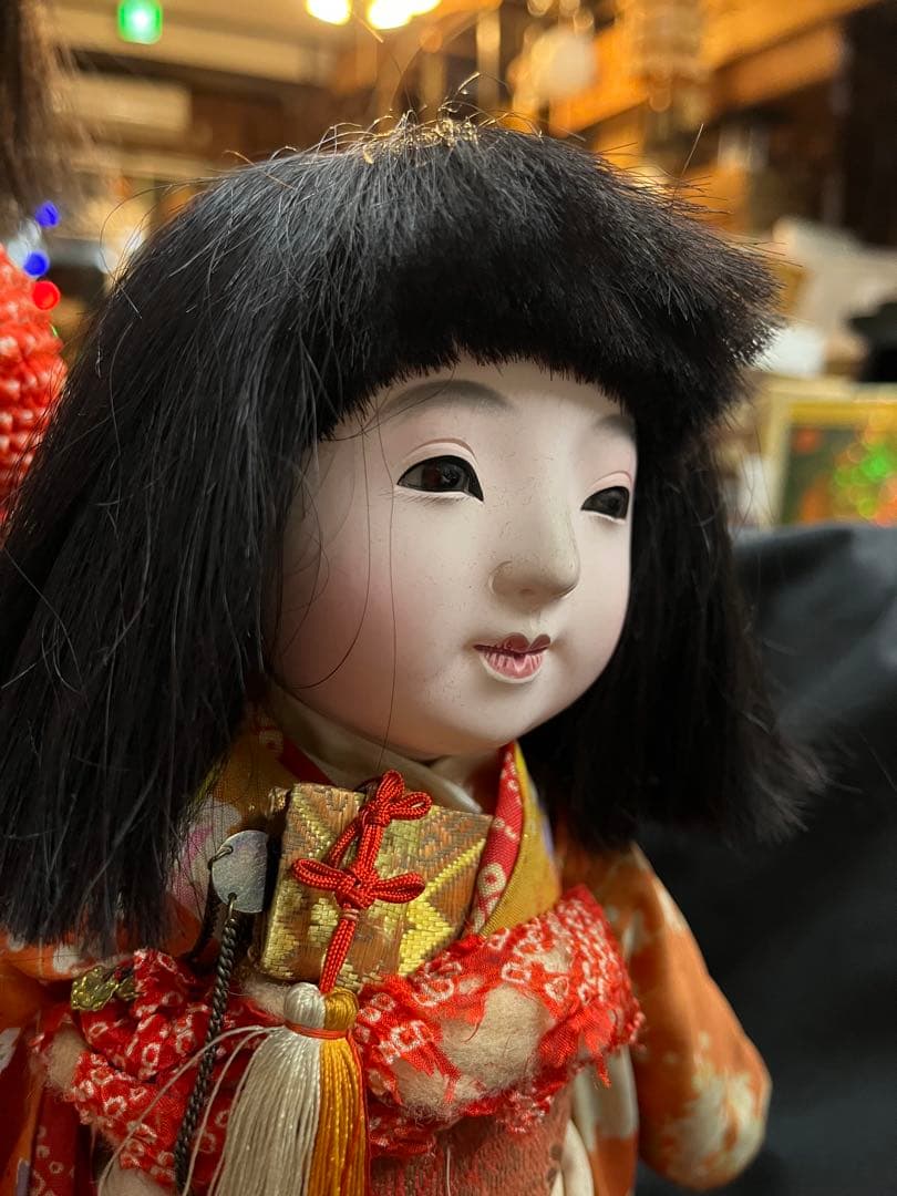 市松人形 黒髪 オレンジ着物 約30cm 2体