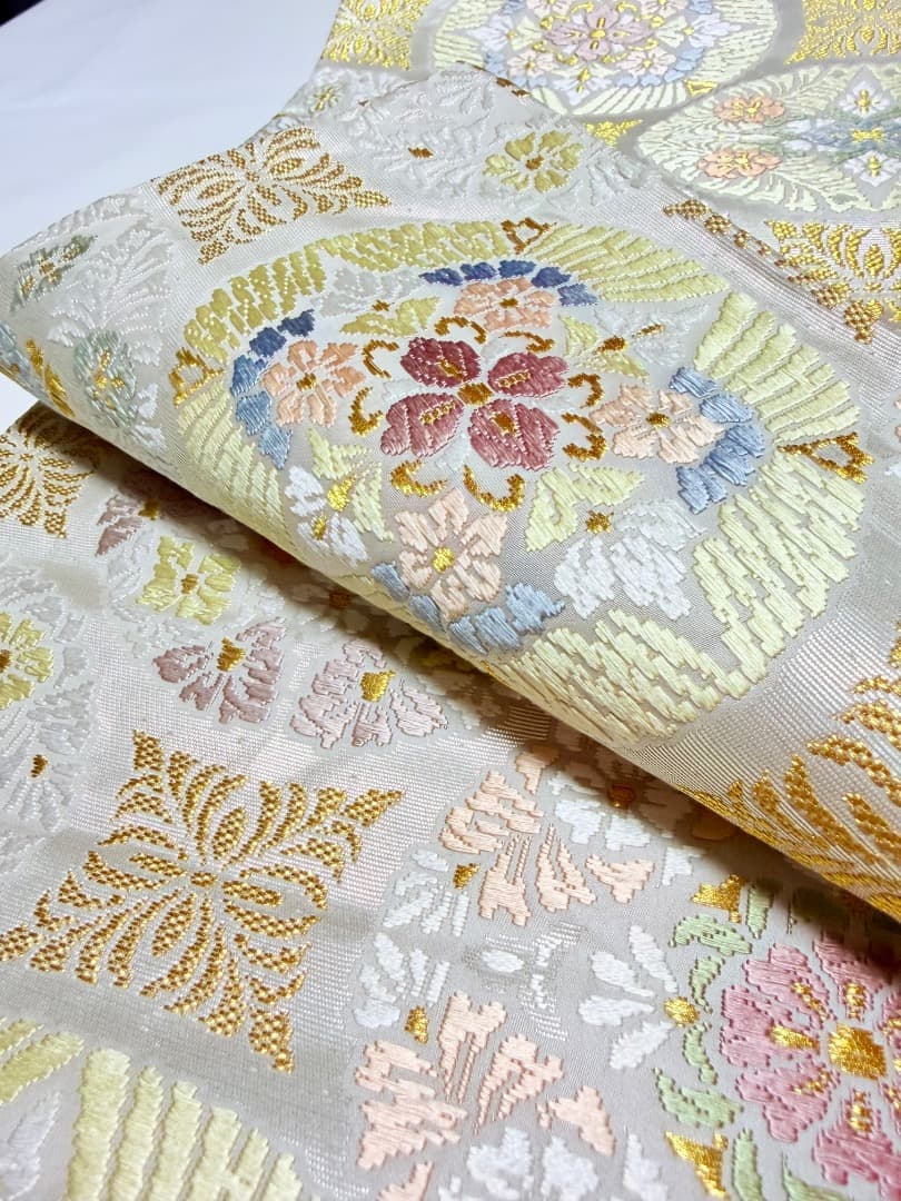 高級 袋帯 正絹 六通柄 総唐織 ホワイト 七宝柄 訪問着 留袖 約70万円