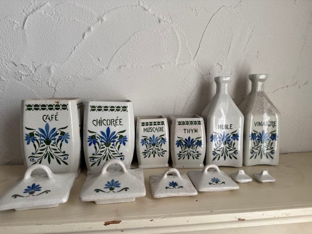 フランスアンティーク　陶器の花柄キャニスター6点セット