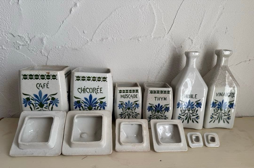 フランスアンティーク　陶器の花柄キャニスター6点セット