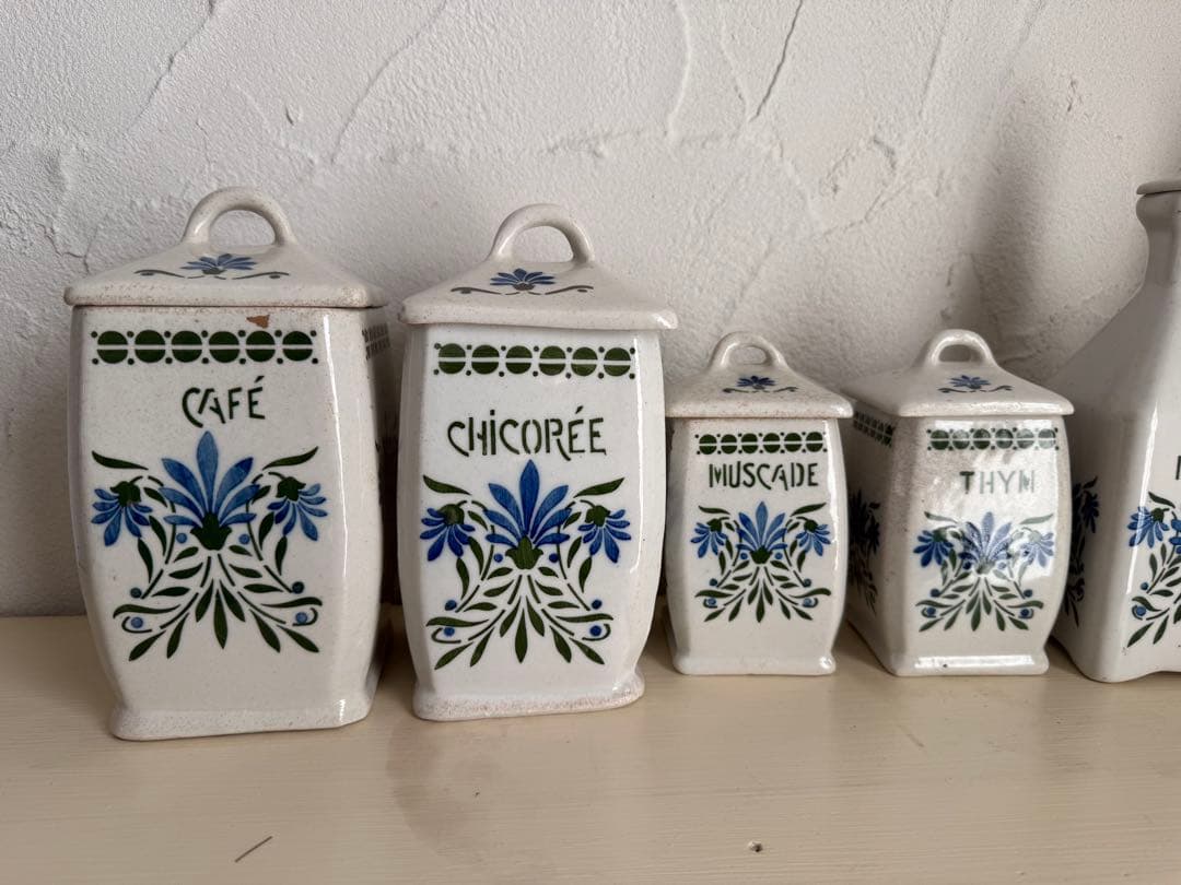 フランスアンティーク　陶器の花柄キャニスター6点セット