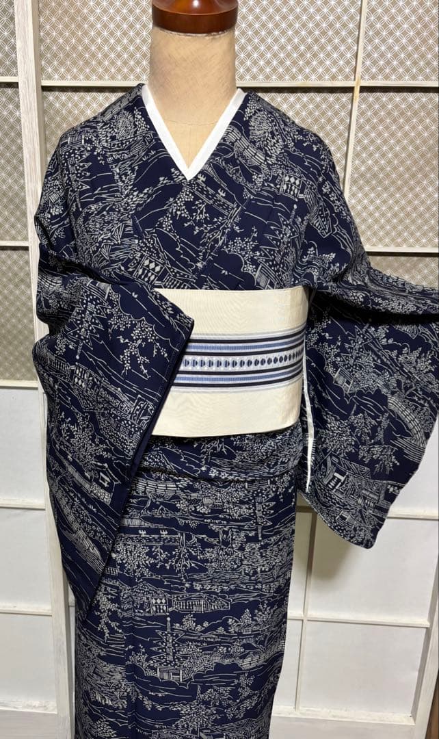 天然藍　藍香房　正絹小紋　シルクケア　未使用しつけ糸付き　美品 トールサイズ