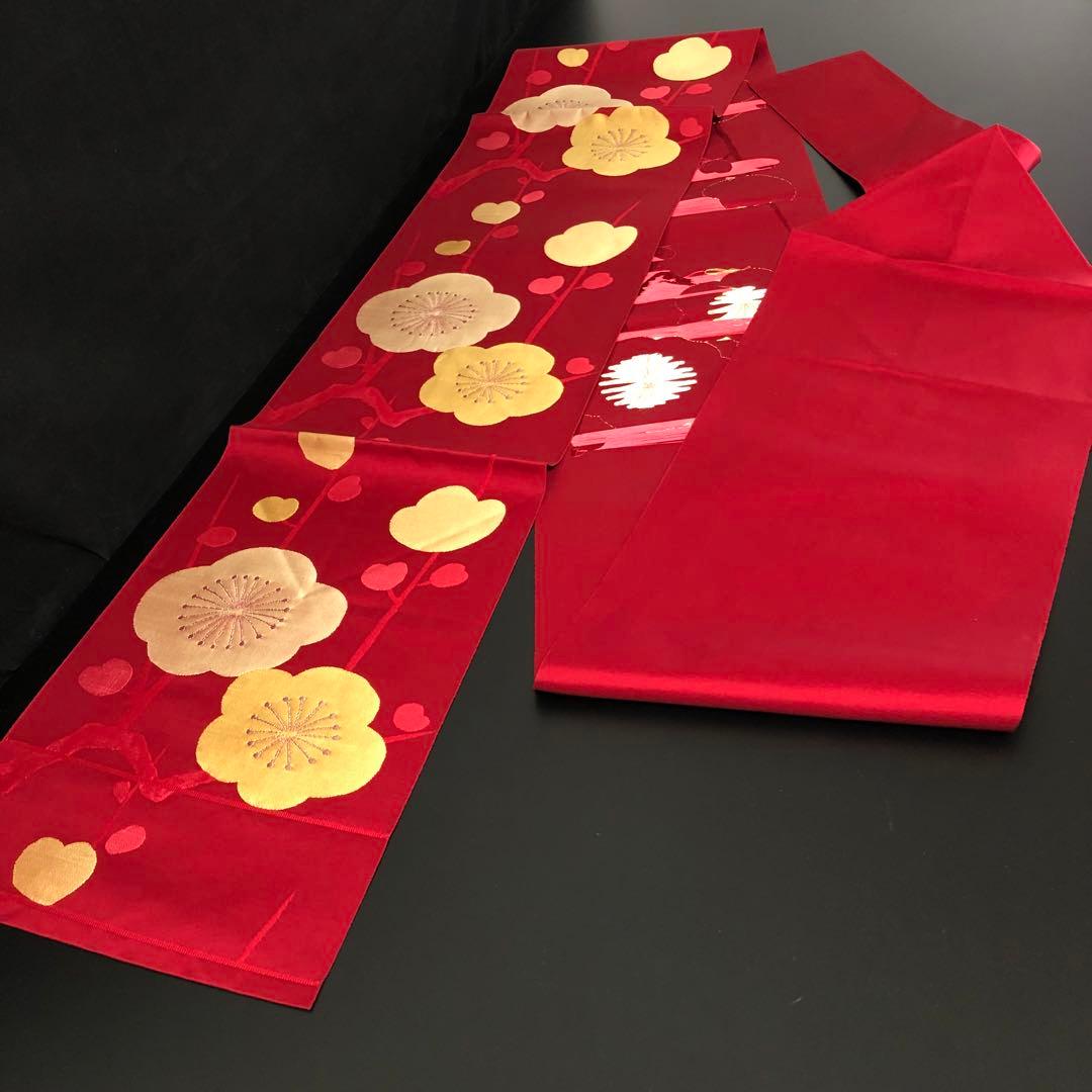 SO-767 名古屋帯 松葉仕立て 六通 八寸 正絹 梅 ハート カジュアル