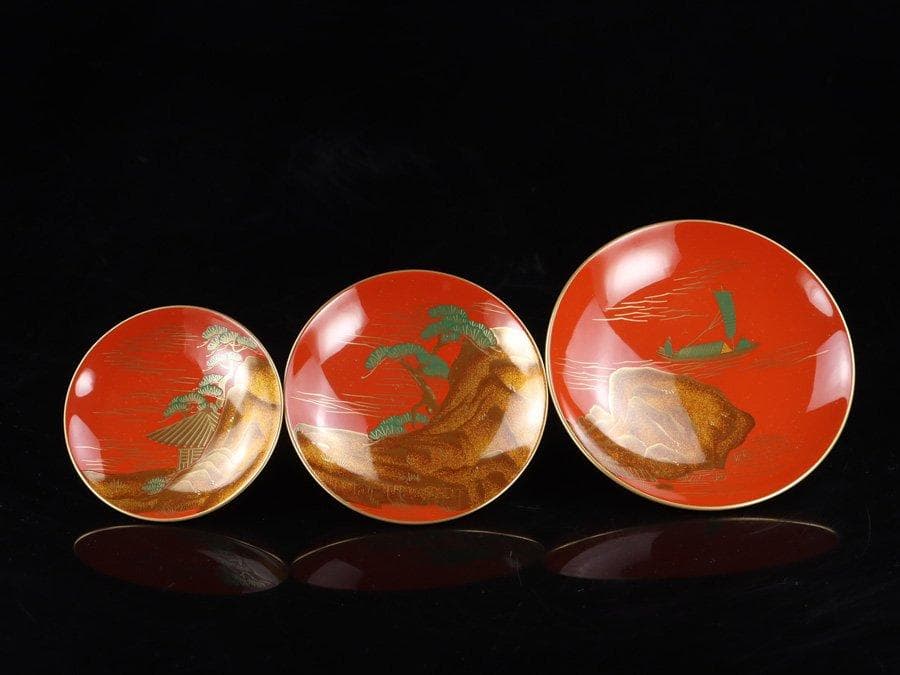 専用Y2280 輪島塗蒔絵師 北清右衛門 山水彩色色絵蒔絵 御屠蘇一式 共箱
