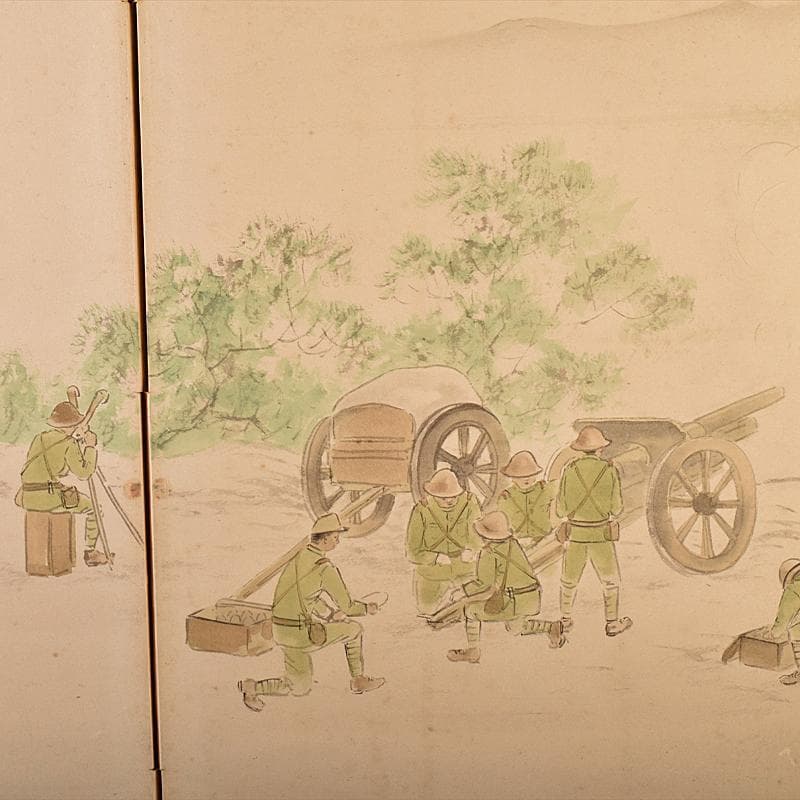 書画　支那事変　野砲戦図　小屏風　衝立　M　R7573B