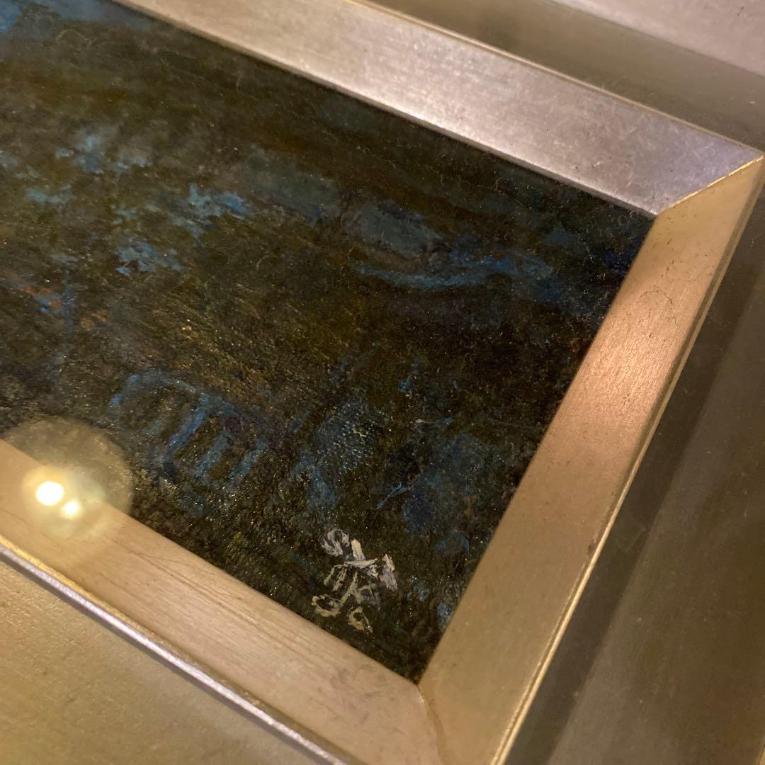 江戸時代っぽい街並み 綺麗なブルーの横長油彩・額装／サイン有・作家不詳