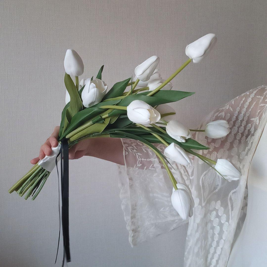 ホワイト　白　チューリップ　シャワーブーケ　ウェディングブーケ　造花