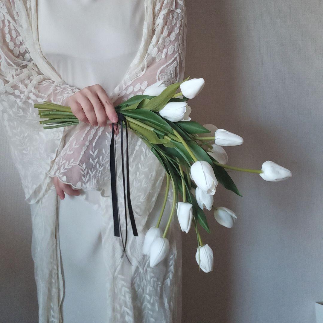 ホワイト　白　チューリップ　シャワーブーケ　ウェディングブーケ　造花